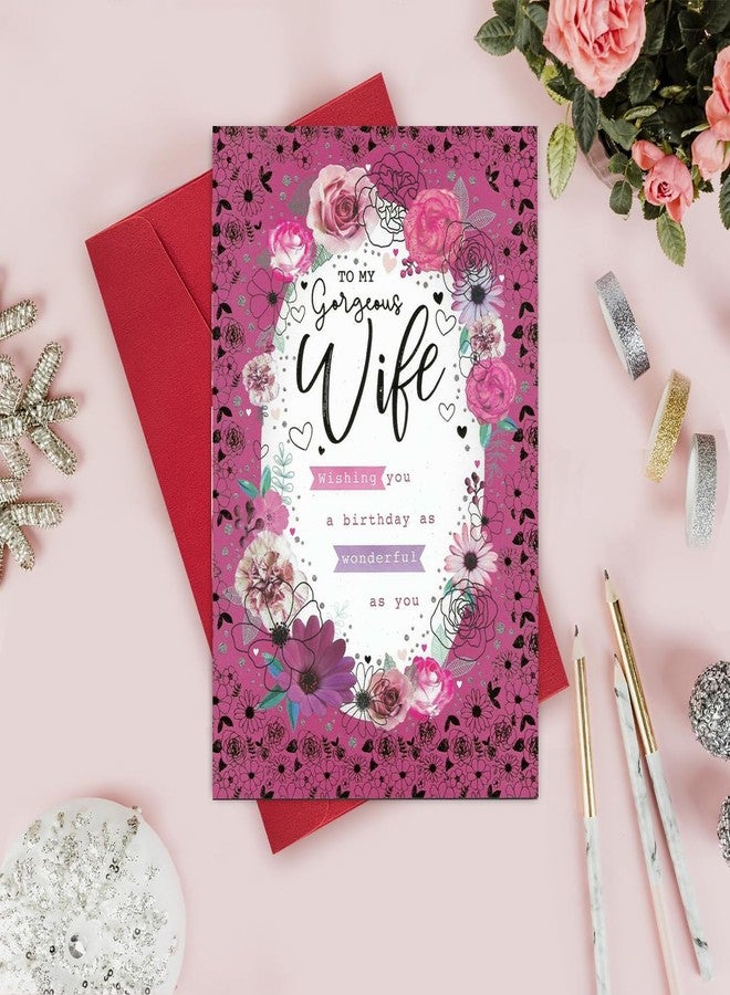 PICKKART Birthday Card for Wife with Floral Design, Pink Rose Pattern, Red Envelope, Romantic Greeting Card - Image 1
